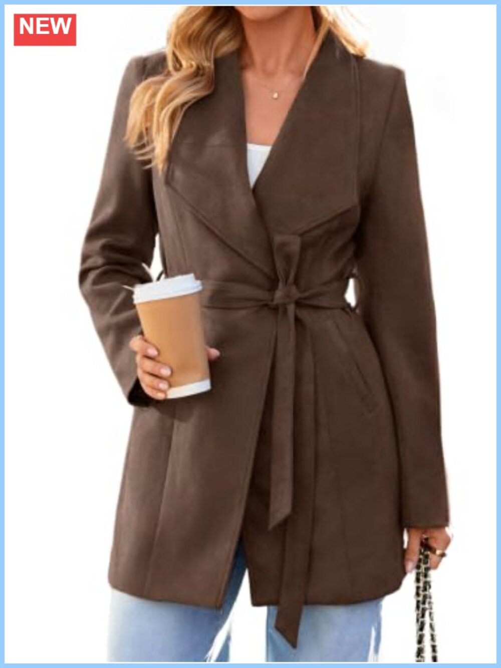 Faux Suede Trench Coat with Removable Belt and Pockets
